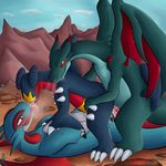  3_toes aron asbel_lhant charizard claws cum cum_in_ass cum_inside cum_on_leg cum_on_penis cumshot double_penetration dragon fin french_kissing garchomp group group_sex horn invalid_tag kissing lying male male/male mega_charizard mega_charizard_x mega_evolution mountain nintendo open_mouth orgasm penetration penis pok&eacute;mon rock salamence sex spikes teeth threesome toes tongue video_games wings 