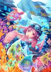  angelfish barefoot bubble coral coral_reef freediving goggles goggles_on_head highres original pink_eyes pink_hair short_hair smile solo stingray suishougensou swim_cap swimming swimsuit turtle underwater whale_shark 