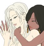  alternate_hairstyle black_hair blonde_hair blue_eyes breasts brown_eyes dark_skin gaji_(gaji0712) hair_down hair_tubes hands hug hug_from_behind long_hair medium_breasts mercy_(overwatch) multiple_girls nude overwatch pharah_(overwatch) pink_lips short_hair sidelocks simple_background topless white_background yuri 