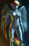  1girl abs angel_wings areolae artist_request breasts collarbone dog_tags gun looking_at_viewer multicolored_hair my_little_pony_friendship_is_magic navel nipples nude personification pink_eyes pussy rainbow_dash simple_background solo tail tattoo weapon 