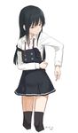  artist_name asashio_(kantai_collection) black_hair black_legwear blue_eyes buttons cropped_legs dated double-breasted dress flat_chest kantai_collection kawashina_(momen_silicon) long_hair long_sleeves pinafore_dress remodel_(kantai_collection) shirt simple_background solo strap_slip thighhighs undressing white_background white_shirt 