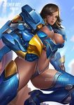  adapted_costume armor bikini_armor breasts citemer cleavage dark_skin eye_of_horus facial_tattoo helmet holding holding_helmet huge_breasts looking_at_viewer navel overwatch pharah_(overwatch) power_armor solo stomach tattoo 