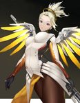  absurdres arched_back blonde_hair blue_eyes bodysuit breasts brown_legwear dutch_angle grey_background head_tilt highres mechanical_halo mechanical_wings medium_breasts mercy_(overwatch) overwatch pantyhose parted_lips ponytail short_hair solo sssbendan wings yellow_wings 