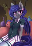  2016 anthro atane27 bat_pony bat_wings blue_hair blush bow clothed clothing dusk_rhine fan_character female fully_clothed hair inside legwear long_hair looking_at_viewer membranous_wings my_little_pony purple_eyes school_uniform sitting smile sofa solo thigh_highs uniform wings 