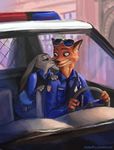  2016 anthro canine car clothed clothing disney dreamyartistroxy3 duo eyewear female fox fur green_eyes grey_fur hi_res judy_hopps kissing lagomorph male mammal monochrome necktie nick_wilde orange_fur outside police police_badge police_car police_officer police_uniform rabbit smile sunglasses uniform vehicle zootopia 