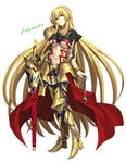 absurdres aora armlet armor artist_name blonde_hair bracelet breasts chain commentary_request ea_(fate/stay_night) enkidu_(weapon) fate/stay_night fate_(series) full_body gauntlets genderswap genderswap_(mtf) gilgamesh greaves highres jewelry long_hair looking_at_viewer medium_breasts navel parted_lips red_eyes sidelocks simple_background single_gauntlet single_pauldron smile solo tattoo thighhighs underboob very_long_hair waist_cape white_background 