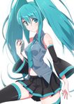  aqua_eyes aqua_hair aqua_nails bad_id bad_pixiv_id bare_shoulders black_legwear blush detached_sleeves domo1220 hatsune_miku long_hair microphone nail_polish necktie pleated_skirt simple_background skirt smile solo thighhighs twintails vest vocaloid white_background 