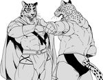  2016 abs animal_head back_muscles baldric biceps cape clothed clothing crossover duo elbow_pads faceless_male fangs feline fingerless_gloves fur gloves guin guin_saga human hybrid jaguar king_(tekken) kmd023 leopard looking_at_viewer looking_back male mammal mask monochrome muscular muscular_male navel nipples open_mouth pecs pointing raised_arm sharp_teeth simple_background spots standing teeth tekken tongue topless underwear video_games whiskers white_background wrestler 