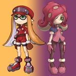  alternate_costume bike_shorts boots commentary_request crossover curly_hair domino_mask eyeliner gloves green_eyes hair_over_one_eye hat inkling jumpsuit long_hair makeup mask multiple_girls muu_(mumumer) octarian octoling orange_hair pantyhose pointy_ears red_hair rockman rockman_dash roll_caskett splatoon_(series) splatoon_1 tentacle_hair tron_bonne 