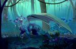  detailed_background dragon female feral flower forest hi_res invalid_color invalid_tag nature outside plant solo tree water wings yellow_paws 