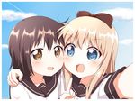  :d bad_id bad_pixiv_id blonde_hair blue_eyes bow brown_eyes brown_hair collarbone funami_yui hair_bow multiple_girls one-armed_hug open_mouth reaching_out ren_kon self_shot short_hair smile toshinou_kyouko v v-shaped_eyebrows yuru_yuri 