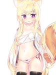  animal_ears arm_at_side bangs black_legwear blonde_hair blush bomu bow bow_panties breasts collarbone contrapposto covering covering_breasts cowboy_shot eyebrows_visible_through_hair fox_ears fox_tail long_hair long_sleeves looking_at_viewer navel no_bra no_pants open_clothes open_mouth original oversized_clothes panties purple_eyes shiny shiny_skin shirt side-tie_panties sleeves_past_wrists small_breasts solo standing striped striped_panties symbol-shaped_pupils tail underwear white_background white_shirt 