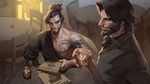  alcohol asymmetrical_clothes bare_shoulders beard brown_eyes brown_hair chair collarbone cup dragon_print dragon_tattoo drinking_glass et.m facial_hair furrowed_eyebrows glass goatee hadanugi_dousa hair_ribbon hanzo_(overwatch) holding holding_cup ice ice_cube japanese_clothes kimono male_focus mccree_(overwatch) multiple_boys muscle mustache overwatch ponytail poster_(object) ribbon shirt smile table tattoo upper_body wanted whiskey wing_collar 