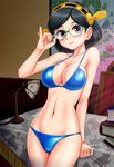  bikini black_eyes black_hair blue_bikini glasses green-framed_eyewear hairband highres jewelry kantai_collection kirishima_(kantai_collection) maboroshi_dandy navel ring short_hair solo swimsuit wedding_band 