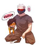  1boy 1girl 2016 artist_name bangs bodysuit bomber_jacket brown_gloves brown_hair brown_jacket closed_eyes covered_mouth dated face_mask full_body gloves goggles highres jacket kneeling leather leather_jacket mask motoko_(skynsea123) open_mouth overwatch pants shirt shoes short_hair short_sleeves simple_background sleeves_rolled_up smile soldier:_76_(overwatch) spiked_hair spoken_ellipsis swept_bangs teeth thigh_strap tight tight_pants tracer_(overwatch) visor white_background 