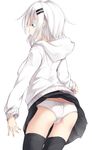  ass black_legwear black_skirt blue_eyes cowboy_shot crotch_seam from_behind hair_ornament hairclip highres hood hood_down hoodie lace lace-trimmed_panties long_sleeves miniskirt original otokuyou panties pleated_skirt ringo-chan_(otokuyou) short_hair skirt skirt_lift solo standing thighhighs underwear white_hair white_panties wind wind_lift 