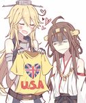  :d bad_anatomy blonde_hair blush brown_hair closed_eyes commentary fourth_of_july gift glaring heart heart_in_mouth highres iowa_(kantai_collection) kantai_collection kongou_(kantai_collection) kvlen long_hair looking_at_another multiple_girls open_mouth shirt smile t-shirt union_jack 