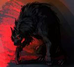  anthro canine claws crouching dark_theme drooling fangs fur glowing glowing_eyes mammal open_mouth red_eyes restricted_palette saliva were weremagnus werewolf wolf 