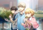  2boys :t aki_(neyuki41028) aldnoah.zero asseylum_vers_allusia black_shirt blazer blonde_hair blue_eyes blue_shirt blurry blush brown_hair building capelet casual cellphone clenched_hand collarbone collared_shirt depth_of_field eating food food_on_face green_eyes grey_hair holding holding_food holding_phone jacket kaizuka_inaho looking_at_another multiple_boys necktie open_blazer open_clothes open_jacket outdoors phone profile red_eyes red_neckwear shirt short_hair slaine_troyard sleeves_past_wrists smartphone tree wing_collar 