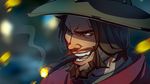  beard brown_eyes brown_hair cape cigar cowboy_hat face facial_hair gloves hat highres male_focus mccree_(overwatch) mustache nicole_echeverria overwatch red_cape smoking solo teeth teeth_hold 