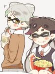  2girls alternate_costume amamiya_yuumu aori_(splatoon) bad_id bad_pixiv_id black_hair cardigan closed_eyes domino_mask earrings eating fangs food food_on_face french_fries gloves grey_background hotaru_(splatoon) jewelry long_hair mask mole mole_under_eye multiple_girls open_mouth pleated_skirt pointy_ears school_uniform short_hair skirt smile splatoon_(series) splatoon_1 starbucks sweatdrop sweater_vest tentacle_hair white_hair 