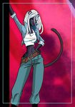  belt big_breasts blue_eyes breasts clothing dreamkeepers feline female jacket jeans mammal nwitchgun panther pants shirt simple_background solo tank_top the_wayward_astronomer thong vanir 