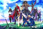  5boys abs absurdres ahoge aora archer armor armored_dress artist_name artoria_pendragon_(all) assassin_(fate/stay_night) berserker bodysuit bracelet cape caster commentary_request excalibur fate/stay_night fate_(series) full_body gae_bolg gilgamesh highres jewelry katana lancer long_hair long_sleeves looking_away multiple_boys multiple_girls muscle nameless_dagger over_shoulder parted_lips pointy_ears rider saber short_hair sidelocks sitting smile standing sword weapon weapon_over_shoulder 