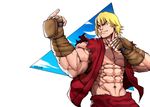  abs adonis_belt blonde_hair come_at_me_bro eyebrows fighting_stance fingerless_gloves gloves groin highres ken_masters male_focus muscle navel open_clothes salaiix sleeveless solo street_fighter thick_eyebrows 