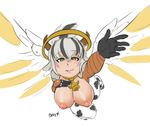 animal_print bad_id bad_tumblr_id bard-bot bell bell_collar breasts cleavage collar cow_horns cow_print green_eyes hanging_breasts holstaurus horns large_breasts mechanical_halo mercy_(overwatch) monster_girl_encyclopedia nipples overwatch signature silver_hair simple_background solo white_background wings yellow_wings 