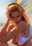  bikini bikini_top blonde_hair blue_eyes breasts derivative_work eva_solo highres large_breasts mechanical_halo mercy_(overwatch) open_mouth overwatch photo-referenced solo swimsuit upper_body white_bikini 