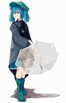  blue_eyes blue_hair boots cross-laced_footwear frilled_skirt frills full_body green_footwear hair_bobbles hair_ornament hat hizakozouzu holding holding_umbrella hood hood_down kawashiro_nitori knee_boots lace-up_boots long_sleeves pocket raincoat shirt short_hair simple_background skirt solo standing touhou two_side_up umbrella white_background 