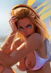  areolae bikini bikini_aside bikini_top blonde_hair blue_eyes breasts eva_solo highres large_breasts mechanical_halo mercy_(overwatch) nipples open_mouth overwatch photo-referenced solo swimsuit upper_body white_bikini 