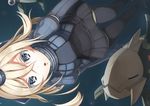  anorith blonde_hair blue_eyes cropped_jacket crossover garrison_cap gen_3_pokemon hat kantai_collection long_sleeves military military_uniform pokemon pokemon_(creature) puffy_long_sleeves puffy_sleeves relicanth seramikku swimsuit swimsuit_under_clothes u-511_(kantai_collection) underwater uniform 