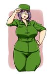  1girl glasses lips military_uniform mole original purple_eyes purple_hair short_hair simple_background stand thick_thighs 