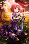  artist_request belt bob_cut cherry_blossoms cloud detached_sleeves dress frills gem grand_sphere grass highres leaf petals purple_dress red_eyes red_hair shoulder_plates sleeveless solo sunset sword thighhighs tree weapon zettai_ryouiki 