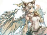  blonde_hair blue_eyes breasts claws dragon_girl dragon_horns dragon_wings dress horns large_breasts myr_(p&amp;d) puzzle_&amp;_dragons short_hair shouma_(bravespiritya) sideboob solo wings 