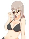  adjusting_eyewear bangs bikini black_bikini blue_eyes breasts cleavage egooo girls_und_panzer itsumi_erika long_hair looking_at_viewer looking_over_eyewear medium_breasts parted_lips silver_hair simple_background solo standing sunglasses swimsuit upper_body white_background 