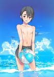  ball beachball black_eyes black_hair blue_sky blush cloud coin_rand day jewelry looking_at_viewer male_focus navel nipples open_mouth original outdoors shirtless shorts single_earring sky solo transparent 