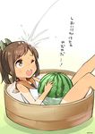  absurdres bathtub brown_eyes brown_hair commentary_request food fruit highres i-401_(kantai_collection) kantai_collection lying on_back one-piece_swimsuit one_eye_closed open_mouth partially_submerged ponytail ryuki_(ryukisukune) sailor_collar school_swimsuit short_ponytail solo swimsuit swimsuit_under_clothes tan tanline translation_request water watermelon wet 