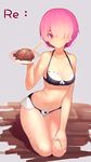  absurdres bare_shoulders bikini blush breasts chopsticks cleavage commentary_request hair_over_one_eye highres looking_at_viewer maid_bikini medium_breasts navel pink_hair plate qiongsheng ram_(re:zero) re:zero_kara_hajimeru_isekai_seikatsu red_eyes seiza short_hair sitting smile solo swimsuit 