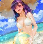  ball bare_shoulders beach beachball bikini_top blue_sky blush breasts brown_hat cleavage cloud collarbone darumaya_(rikky_potty) day fate/stay_night fate_(series) hat holding holding_ball horizon long_hair looking_at_viewer matou_sakura medium_breasts midriff navel ocean outdoors purple_hair sand skirt sky solo stomach straw_hat summer sun_hat water water_drop wet white_bikini_top white_skirt 