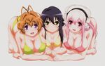  absurdres bikini blush breast_hold breasts fujimi_suzu girl_sandwich hair_between_eyes headphones highres large_breasts long_hair medium_breasts multiple_girls official_art sandwiched simple_background smile soniani super_sonico swimsuit watanuki_fuuri 