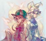  2girls animal_ears arlmuffin blonde_hair brown_eyes brown_hair cat_ears cat_tail chen dress fang fox_ears fox_tail hat jewelry kneehighs long_sleeves looking_at_viewer mob_cap multiple_girls multiple_tails short_hair single_earring sitting smile tabard tail touhou turtleneck wide_sleeves yakumo_ran 