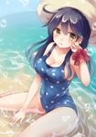  ahoge bangs bare_arms bare_legs bare_shoulders barefoot blue_bow blue_hair blush bow breasts cleavage collarbone eyebrows eyebrows_visible_through_hair gomano_rio gradient_hair hand_up hat kantai_collection large_breasts long_hair looking_at_viewer multicolored_hair one-piece_swimsuit open_mouth partially_submerged polka_dot polka_dot_swimsuit scrunchie sitting smile solo straw_hat swimsuit ushio_(kantai_collection) wariza water wet wrist_scrunchie yellow_eyes 