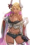  1girl bangs bare_shoulders black_panties blonde_hair blush bow_(bhp) breasts camisole cape cleavage dark_skin draph elbow_gloves fang fur_trim gloves gluteal_fold granblue_fantasy gyaru highleg highleg_panties horns jewelry kuvira_(granblue_fantasy) large_breasts long_hair looking_at_viewer midriff multicolored_hair navel necklace open_mouth panties parted_bangs pointy_ears ribbon short_shorts shorts simple_background smile thighhighs underwear white_background white_gloves yellow_eyes 