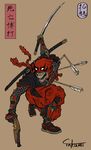  adapted_costume armor arrow artist_name deadpool deadpool_(movie) dual_wielding fine_art_parody gun handgun holding japanese_armor jpeg_artifacts katana kote male_focus mitsudomoe_(shape) nihonga parody solo sword takumi_(marlboro) tomoe_(symbol) waraji weapon 