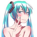  aqua_nails blue_eyes blue_hair body_blush breasts cleavage closed_mouth collarbone colored_eyelashes fingernails frown hair_ornament hatsune_miku long_fingernails long_hair looking_at_viewer medium_breasts nail_polish nude pimple pink_lips pointing simple_background solo twintails upper_body very_long_hair vocaloid white_background wokada 