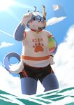  ball beach_ball bell_collar bulge canine clothing collar cub dog eyewear goggles male mammal obese overweight shirt slightly_chubby snorkel solo standing swim_shorts t-shirt water young 萌の傻蛋熊 