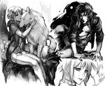  1boy 1girl animal animalization bodysuit cape cheza close-up closed_mouth crying fur greyscale jacket kiba lips looking_at_viewer monochrome nozoki_davis open_mouth profile sitting tears wolf wolf&#039;s_rain 