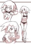  biggumane bikini bikini_lift blush breast_grab breasts frilled_bikini frills full_body grabbing highres looking_back monochrome multiple_views nipples open_mouth rockman rockman_dash roll_caskett small_breasts smile solo_focus standing surprised sweatdrop swimsuit 